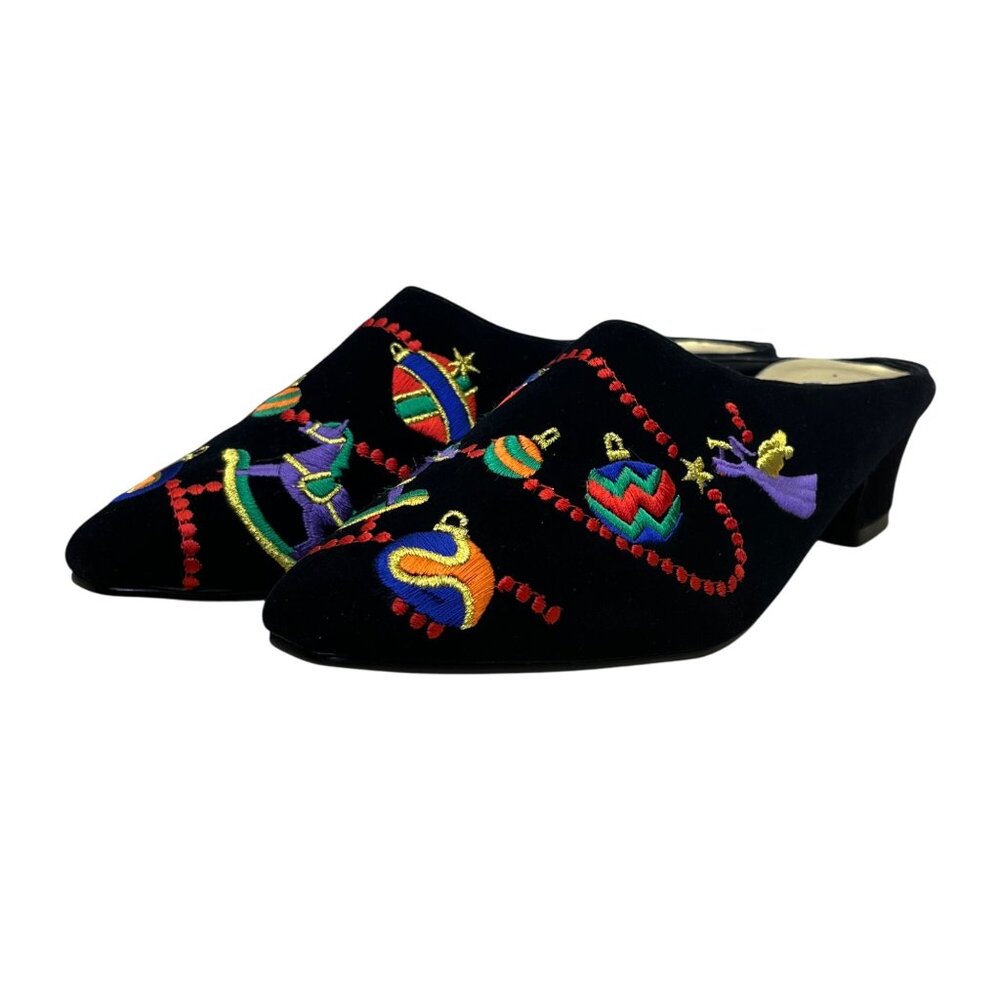 Westbound Womens Black Velvet Embroidered Holiday Ornament Mule Shoes Size 8N